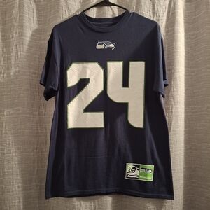 Majestic Seattle Seahawks Jersey Style T-shirt Navy 24 Marshawn Lynch Size M
